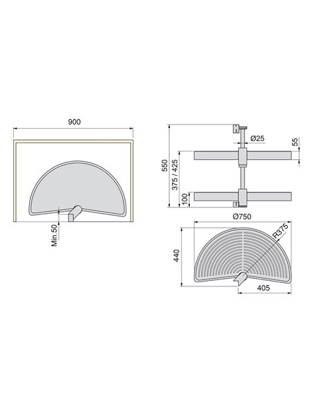 Emuca 1/2 circle rotating trays for kitchen cabinets, 180º, 900 mm unit, Plastic, White