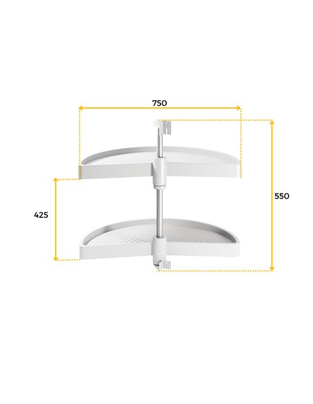 Emuca 1/2 circle rotating trays for kitchen cabinets, 180º, 900 mm unit, Plastic, White