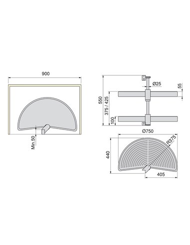 Emuca 1/2 circle rotating trays for kitchen cabinets, 180º, 900 mm unit, Plastic, Grey