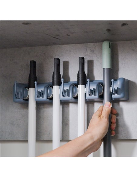 Emuca Appendino per scope e mop con 4 fori e 5 ganci, plastica, grigio