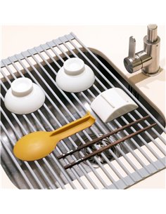 Emuca Scolapiatti e bicchieri per piano cucina, flessibile e avvolgibile, Plastica e acciaio, Grigio 2