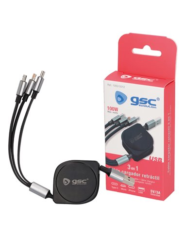 Cavo caricabatterie retrattile 3 in 1 (USB tipo C, connettore Lightning e micro USB tipo C)