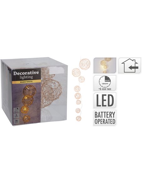 Guirnalda 8 bolas de yute con LED (varios diámetros) Blanco cálido 90cm BASICS