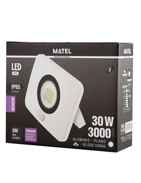 PROYECTOR LED MATEL BLANCO IP65 SENSOR 30W FRÍA