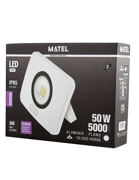PROYECTOR LED MATEL BLANCO IP65 SENSOR 50W FRÍA