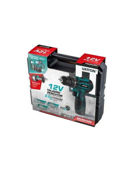 TALADRO PERCUTOR BRUSHLESS VATTON 12V 1 BATERÍA 2.0AH