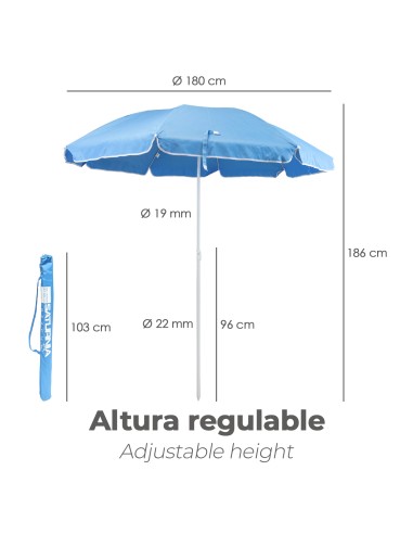 Sombrilla Playa Acero / Poliester Ø 180 cm. Azul. Varillas Fibra De Vidrio.