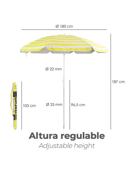 Sombrilla Playa Aluminio / Poliester Ø 180 cm. Amarilla y  Blanca. Varillas Fibra De Vidrio. Protección UV.