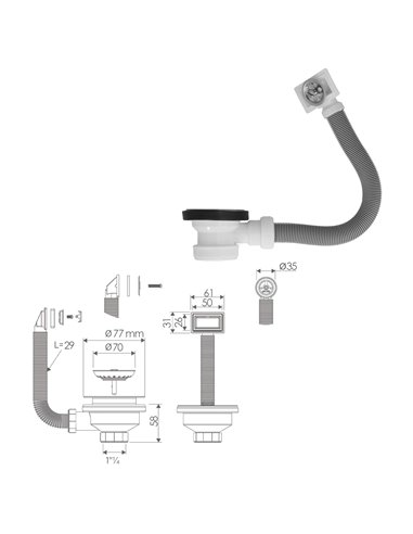 Valvula Fregadero  Ø70 mm. 1 1/2" Con Rebosadero