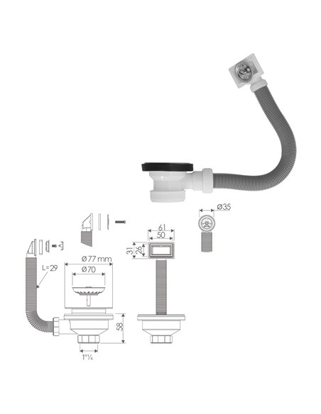 Valvula Fregadero  Ø70 mm. 1 1/2" Con Rebosadero