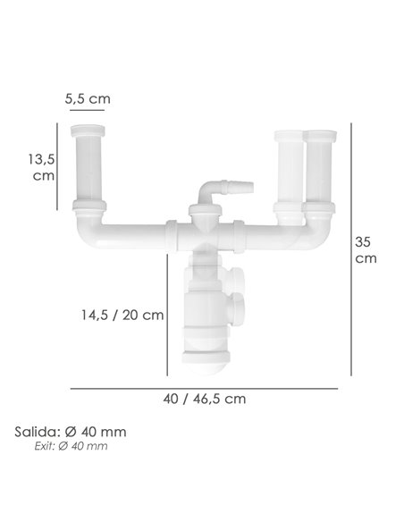 Sifon Doble Extensible Con Doble Evacuación. Salida 1 1/2" Salida Ø 40 mm.