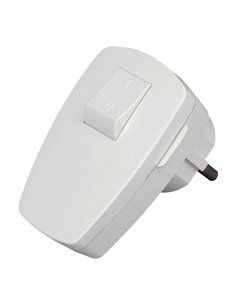 Clavija (2P+T) en ángulo con toma y contacto de tierra (E+F) construido en plástico de color blanco para cables de hasta 3x1,5mm