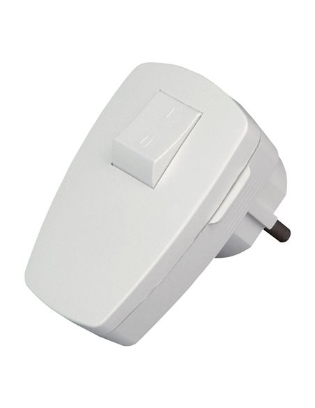 Clavija (2P+T) en ángulo con toma y contacto de tierra (E+F) construido en plástico de color blanco para cables de hasta 3x1,5mm