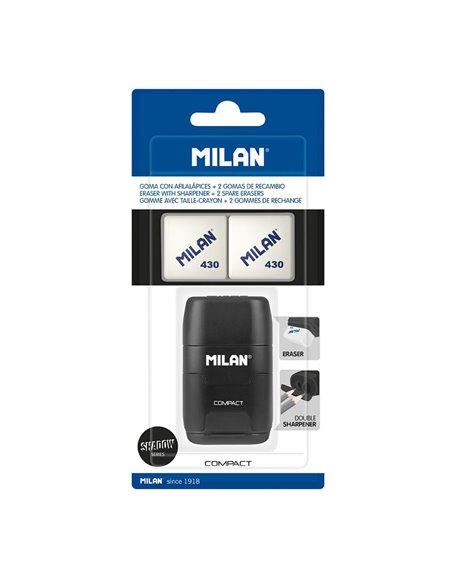 Goma con afilalapices negro compacta serie “Especial Shadow” + 2 gomas MILÁN