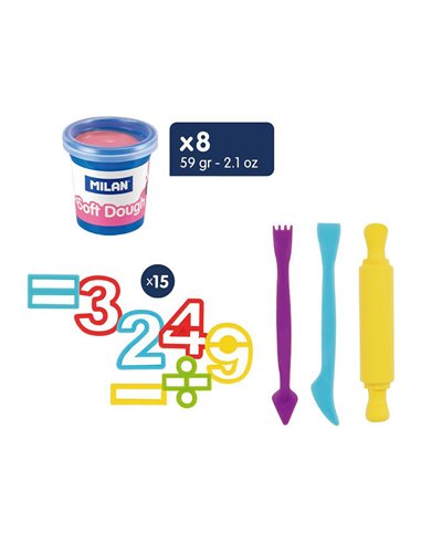 Maletín “Números” para niños con botes de pasta blanda de varios colores (8x59g) y moldes numéricos y matemáticos MILÁN