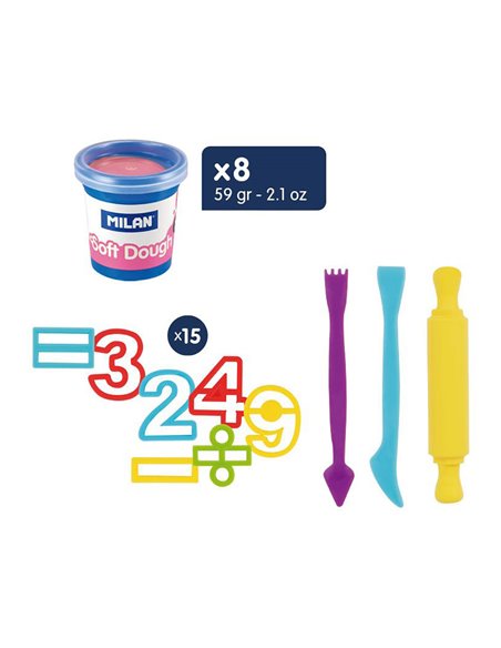 Maletín “Números” para niños con botes de pasta blanda de varios colores (8x59g) y moldes numéricos y matemáticos MILÁN