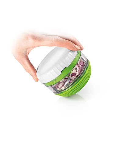 Picadora giratoria “Handy” color verde y blanco fabricada en plástico resistente con tratamiento antideslizante y acero inoxidab