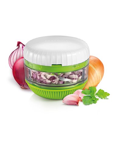 Picadora giratoria “Handy” color verde y blanco fabricada en plástico resistente con tratamiento antideslizante y acero inoxidab