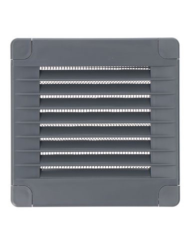 Rejilla de ventilación cuadrada con tapones y mosquitera fabricada en ABS de color gris 10x10x0,7cm EDM