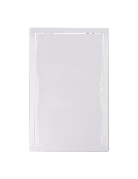 Tapa de registro rectangular empotrable blanca hecha en ABS con mecanismo de apertura push-pull apta para pladur 27,5x42,5cm EDM