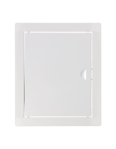 Tapa de registro rectangular empotrable blanca hecha en acero con mecanismo de apertura push-pull 24,5x29,5cm EDM 
