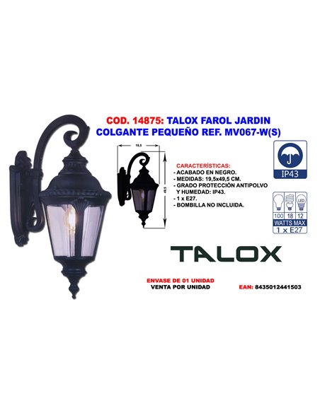 TALOX FAROL JARDIN COLGANTE PEQUE�O REF. MV067-W(S)