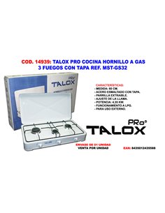 TALOX PRO COCINA HORNILLO A GAS 3 FUEGOS CON TAPA MST-GS32