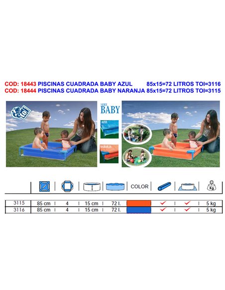 PISCINAS CUADRADA BABY NARANJA 85x15  72 LITROS TOI3115