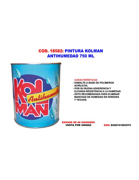PINTURA KOLMAN ANTIHUMEDAD AL DISOLVENTE BLANCO 750 ML.