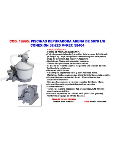 PISCINAS DEPURADORA ARENA DE 5678 L/H CONEX 32-220-V58404-58497