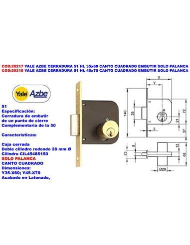 YALE AZBE CERRADURA     51 HL 35x60 C/CUADRA.EMBUTIR SOLO PALANC