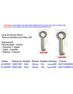 LLAVE ZAMAC A42 ORO PARA CERRADURA FALLEBA 1503-1505-MUEBLE 500