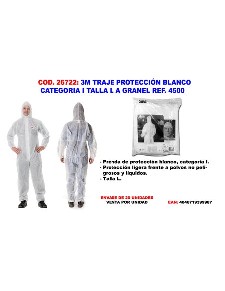 3M TRAJE PROTECCION BLANCO CATEGORIA I TALLA L REF. 4500