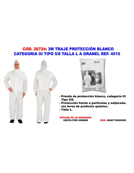 3M TRAJE PROTECCION BLANCO CATEGORIA III TIPO 5/6 L REF. 4515