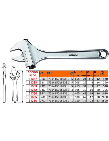 BAHCO LLAVE AJUSTABLE 91C150 MM   6" MOLETA LATERAL (7010-6)
