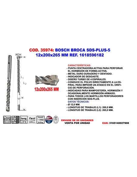 BOSCH BROCA SDS-PLUS-5 12x200x265 MM1 618 596 182