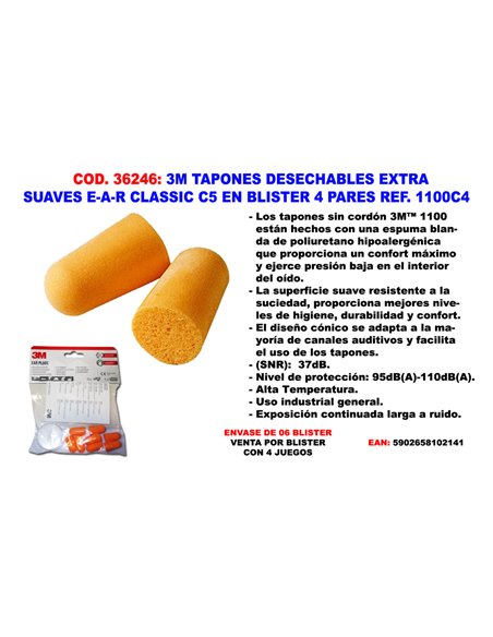 3M TAPON DESECHABLE EXTRA SUAVE E-A-R CLASSIC C5 4 PARES 1100C4