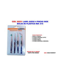LAMS JUEGO 4 PINZAS INOX BOLSA DE PLASTICO REF 615