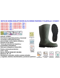 DUNLOP FINSTO BOTA AGUA GOMA VERDE PUNTER+SUELA ACERO DEVON N�40