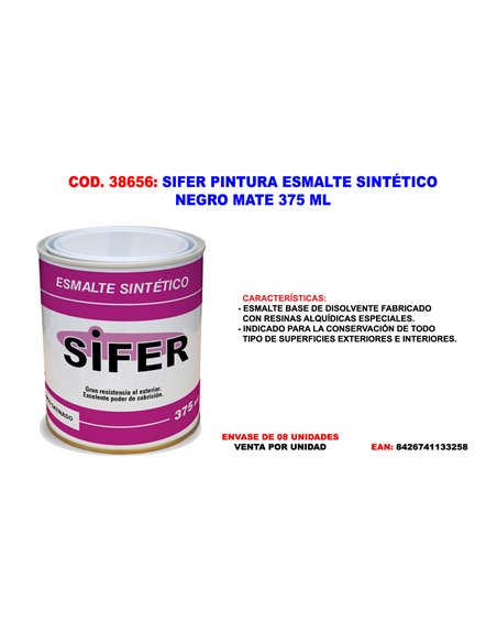 SIFER PINTURA ESMALTE SINTETICO NEGRO MATE 375 ML