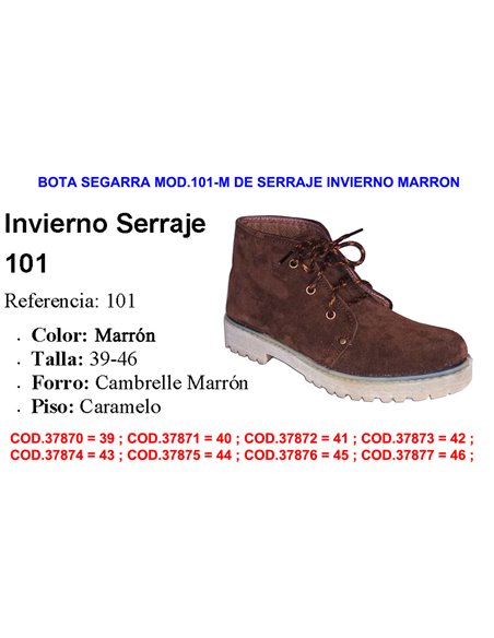 BOTA SEGARRA MOD.101 DE SERRAJE INVIERNO MARRON TALLA 38