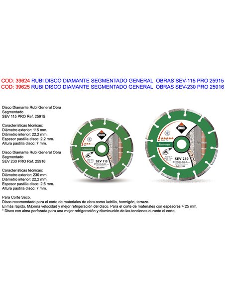 RUBI DISCO DIAMANTE SEGMENTADO GENERAL  OBRAS SEV-115 PRO 25915