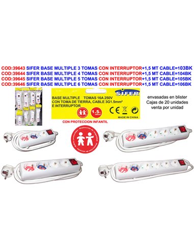 SIFER BASE MULTIPLE 4 TOMAS CON INTERRUPTOR+1,5 MT CABLE104BK
