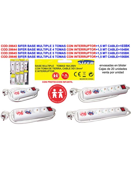 SIFER BASE MULTIPLE 4 TOMAS CON INTERRUPTOR+1,5 MT CABLE104BK