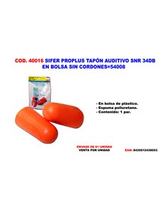 SIFER PROPLUS TAPON AUDITIVO SNR 34DB EN BOLSA SIN CORDONE54008