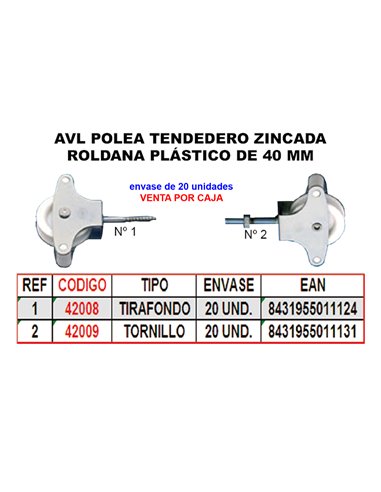 AVL POLEA TENDEDERO 2 ZINC 40MM ROLDANA PLASTICO+TORNILLO HR03N 