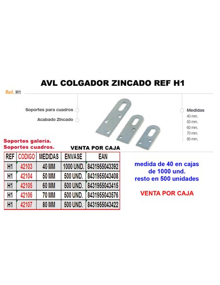 AVL COLGADOR H1 ZINCADO DE 70 MM