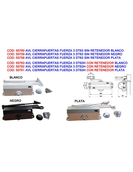AVL CIERRAPUERTAS FUERZA 3 DT63 SIN RETENEDOR NEGRO