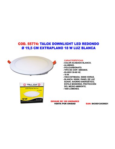 TALOX DOWNLIGHT LED REDONDO �19.5 CM EXTRAPLANO 18 W LUZ BLANCA