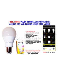TALOX BOMBILLA LED ESTANDA A60-E27 12W L.BLANCA 6500K1080 LUMEN
